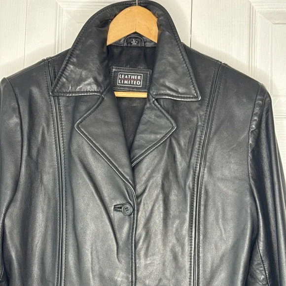 Genuine Leather Limited Women's Black Size Large, Long, Trenchcoat‎ Jacket EUC - Picture 3 of 12